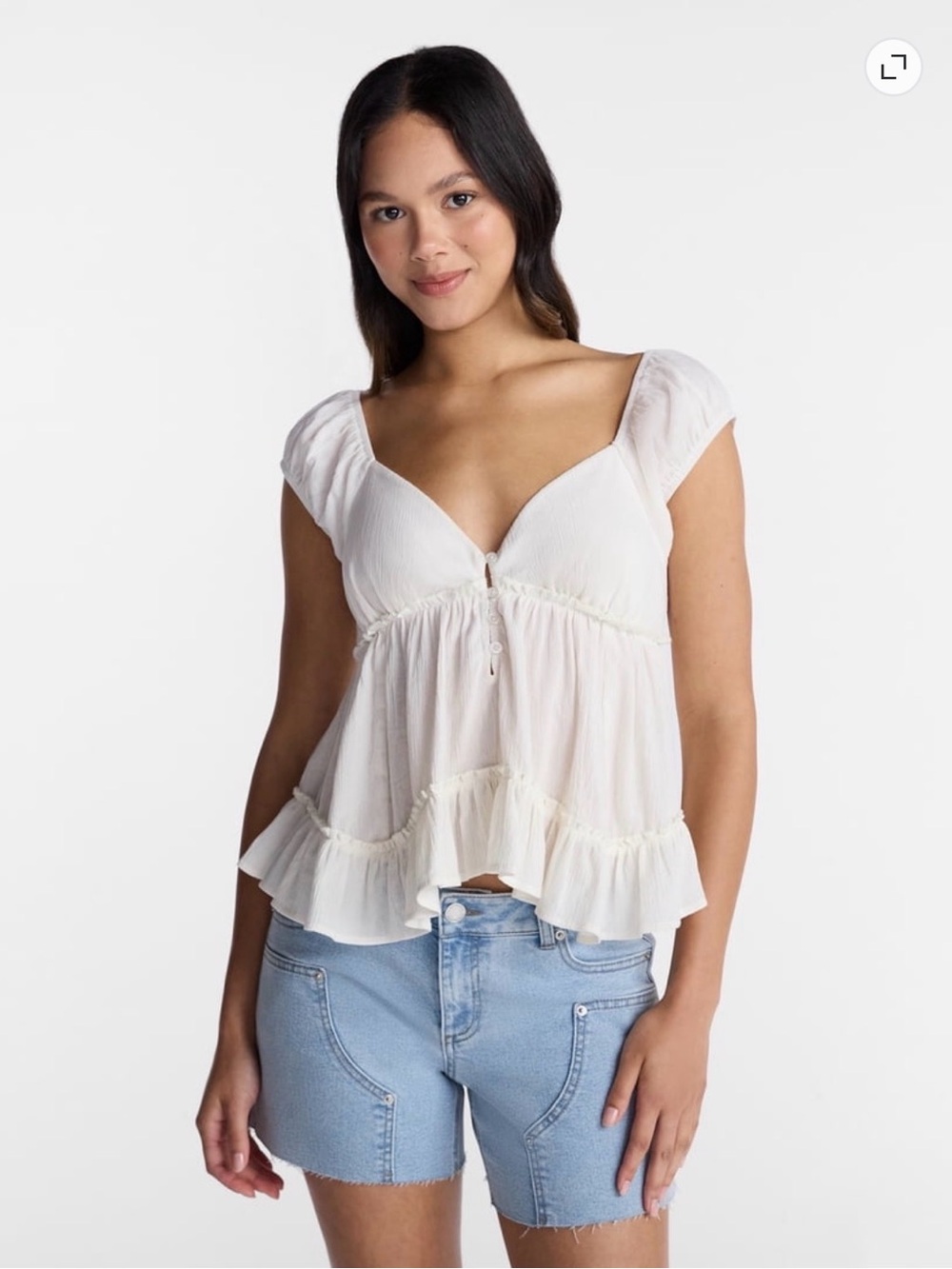 No Boundaries Ivory Ruffle Tie-Front Babydoll Top